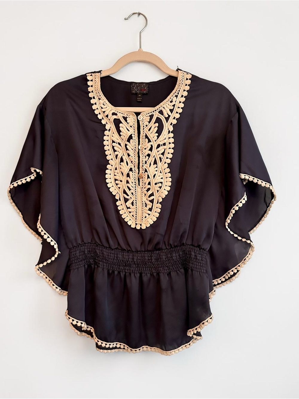 Boho Embroidered Navy Blue Satin Top with Cream Trim